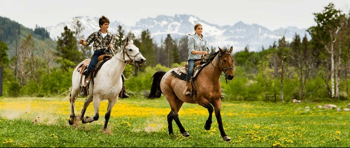 Confident plus-size woman riding Haverhill a horse through a field with a smile on her face.